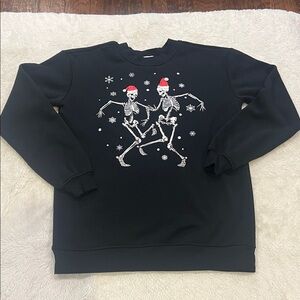 Better Together Holiday Sweatshirt Dancing Skeletons in Santa Hats Black XS